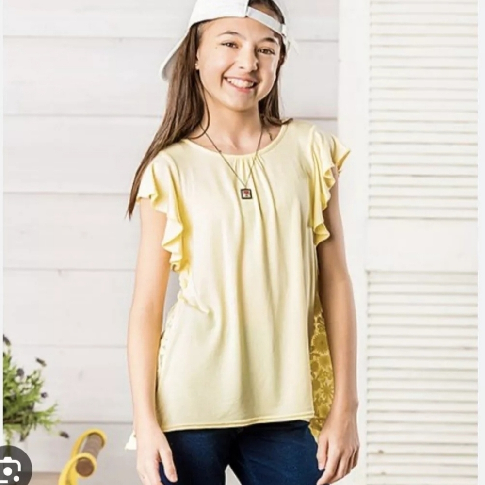 Girls Matilda Jane 435 Yellow Tunic Top sz 12 Tether Ball Ruffle Lace Dainty
